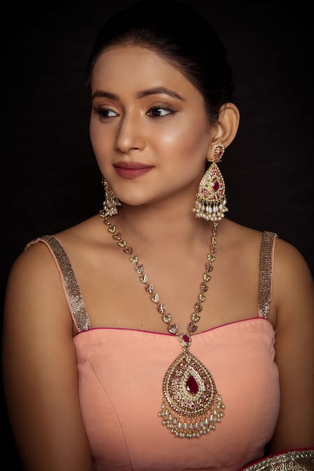 Queens Jewels Red Beads, Zari Tear Drop Jadau Stone Embellished Necklace Set Online at Aza Fashions Queens Jewels_Red Beads, Zari Tear Drop Jadau Stone Embellished Necklace Set _Online_at_Aza_Fashions