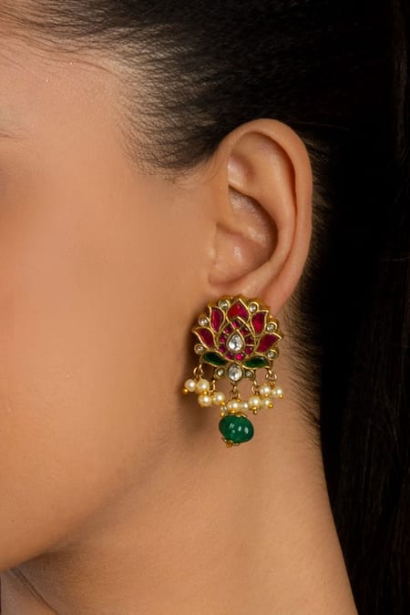 Shop Queens Jewels Multi Color Stones Carved Lotus Temple Necklace Set at Aza Fashions Shop_Queens Jewels_Multi Color Stones Carved Lotus Temple Necklace Set _at_Aza_Fashions