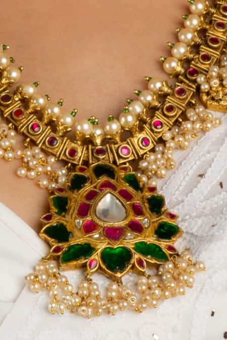 Queens Jewels Multi Color Stones Carved Lotus Temple Necklace Set Online at Aza Fashions Queens Jewels_Multi Color Stones Carved Lotus Temple Necklace Set _Online_at_Aza_Fashions