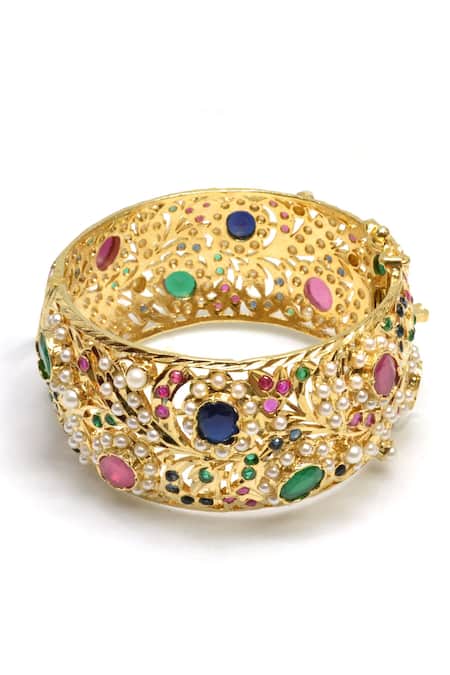 Shop Queens Jewels Multi Color Embroidery Navratna Stone Studded Bangle- Single Pc at Aza Fashions Shop_Queens Jewels_Multi Color Embroidery Navratna Stone Studded Bangle- Single Pc _at_Aza_Fashions