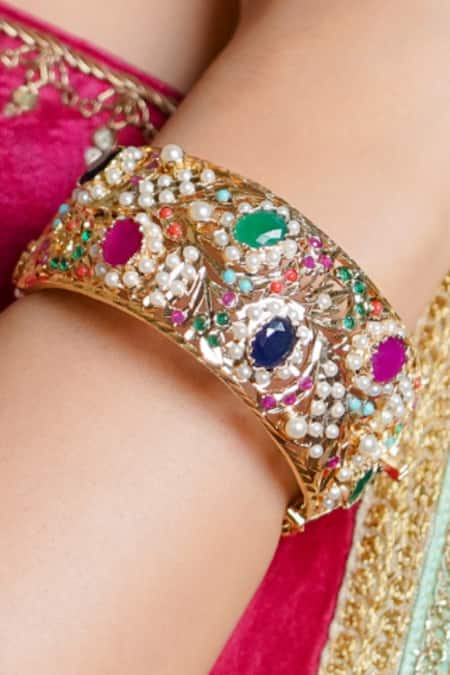 Queens Jewels Multi Color Embroidery Navratna Stone Studded Bangle- Single Pc Online at Aza Fashions Queens Jewels_Multi Color Embroidery Navratna Stone Studded Bangle- Single Pc _Online_at_Aza_Fashions