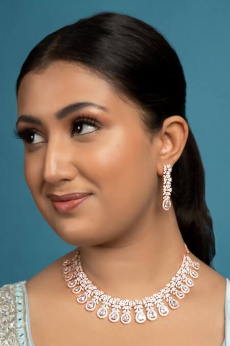 Shop Queens Jewels Gold Plated Imitation Diamonds American Studded Floral Necklace Set at Aza Fashions Shop_Queens Jewels_Gold Plated Imitation Diamonds American Studded Floral Necklace Set_at_Aza_Fashions