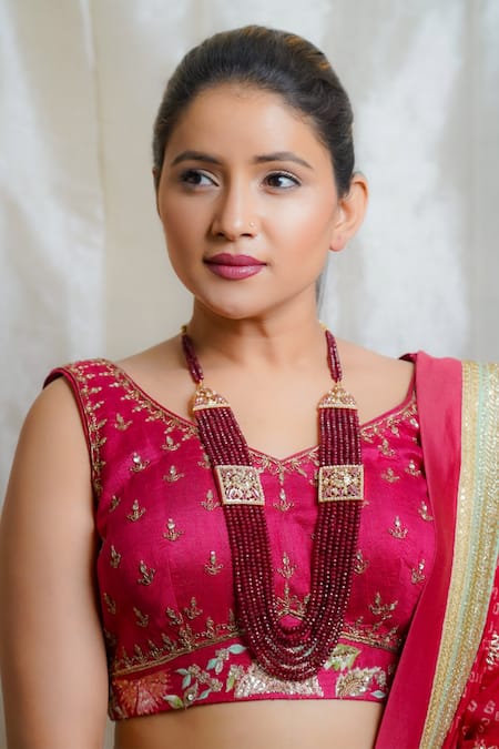 Shop_Queens Jewels_Red Bead Layered Embellished Jadau Tukdi Necklace _at_Aza_Fashions