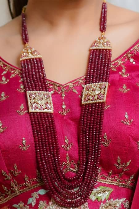 Queens Jewels_Red Bead Layered Embellished Jadau Tukdi Necklace _Online_at_Aza_Fashions