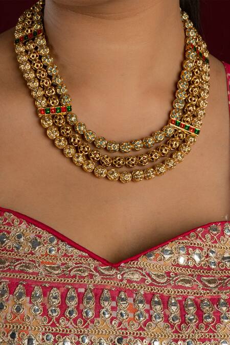 Queens Jewels Multi Color Jadau Sonamoti Embellished Layered Necklace Online at Aza Fashions Queens Jewels_Multi Color Jadau Sonamoti Embellished Layered Necklace _Online_at_Aza_Fashions