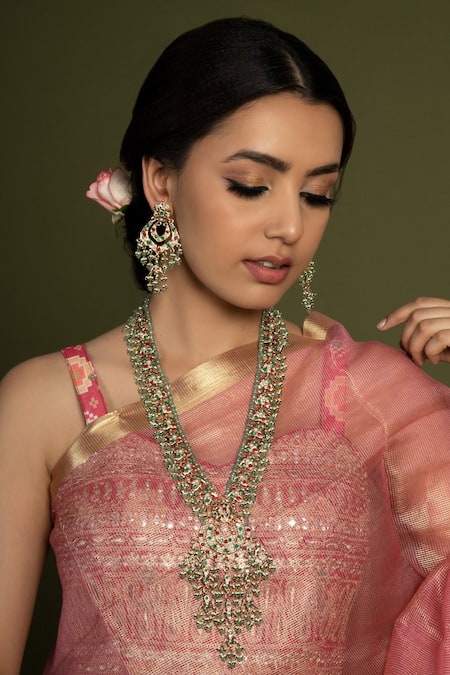 Shop_Queens Jewels_Green Stones, Beads Jadau Embellished Rani Haar Necklace Set _at_Aza_Fashions