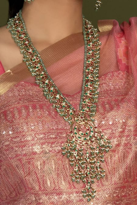 Queens Jewels_Green Stones, Beads Jadau Embellished Rani Haar Necklace Set _Online_at_Aza_Fashions