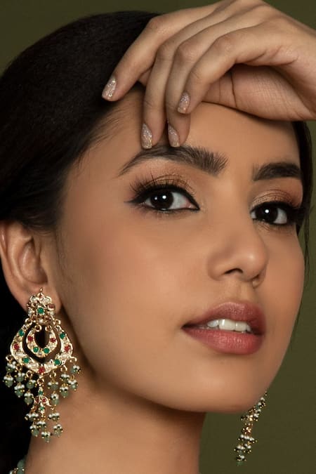 Buy_Queens Jewels_Green Stones, Beads Jadau Embellished Rani Haar Necklace Set _Online_at_Aza_Fashions