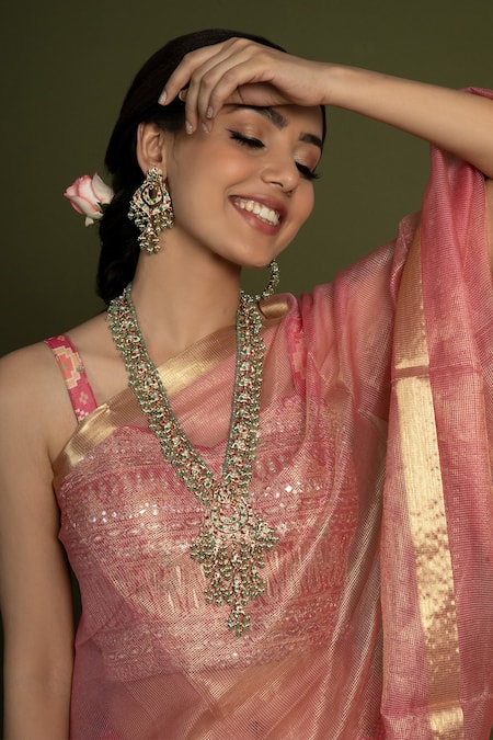 Shop_Queens Jewels_Green Stones, Beads Jadau Embellished Rani Haar Necklace Set _Online_at_Aza_Fashions