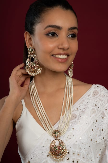 Shop Queens Jewels Multi Color Stones, Beads Navratan Jadau Embellished Pendant Necklace Set at Aza Fashions Shop_Queens Jewels_Multi Color Stones, Beads Navratan Jadau Embellished Pendant Necklace Set _at_Aza_Fashions