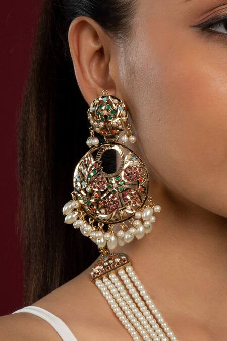 Queens Jewels Multi Color Stones, Beads Navratan Jadau Embellished Pendant Necklace Set Online at Aza Fashions Queens Jewels_Multi Color Stones, Beads Navratan Jadau Embellished Pendant Necklace Set _Online_at_Aza_Fashions