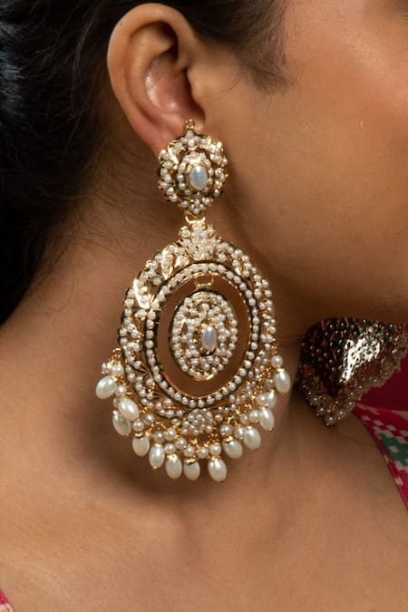 Shop_Queens Jewels_White Stones, Beads Prisha Jadau Embellished Chandbalis _at_Aza_Fashions