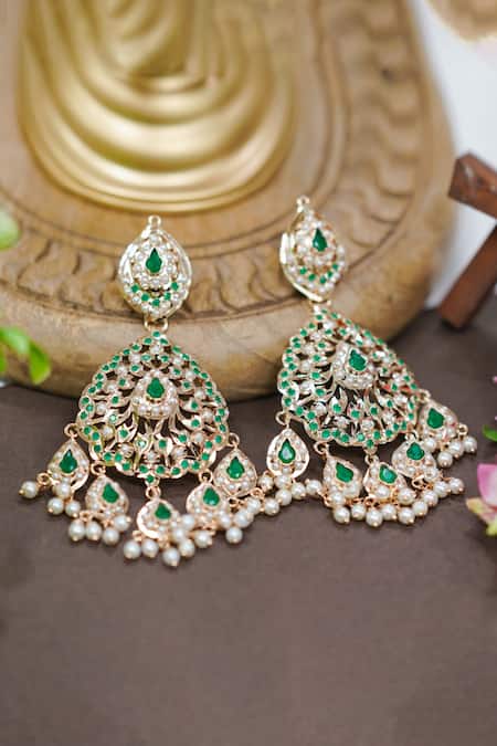 Shop Queens Jewels Green Stones, Beads Aura Jadau Embellished Chandbalis at Aza Fashions Shop_Queens Jewels_Green Stones, Beads Aura Jadau Embellished Chandbalis _at_Aza_Fashions