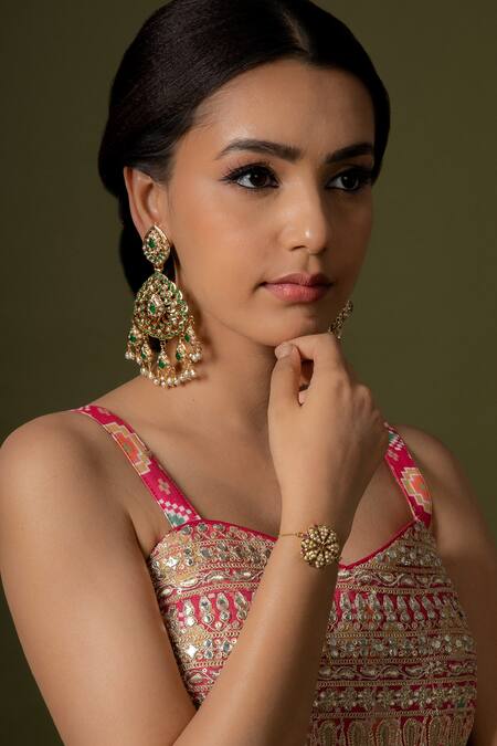 Queens Jewels Green Stones, Beads Aura Jadau Embellished Chandbalis Online at Aza Fashions Queens Jewels_Green Stones, Beads Aura Jadau Embellished Chandbalis _Online_at_Aza_Fashions