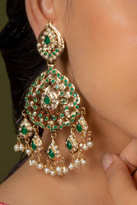 Buy Queens Jewels Green Stones, Beads Aura Jadau Embellished Chandbalis Online at Aza Fashions Buy_Queens Jewels_Green Stones, Beads Aura Jadau Embellished Chandbalis _Online_at_Aza_Fashions