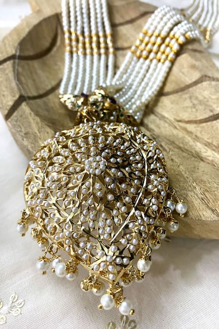 Queens Jewels White Stones, Beads Petal Shaped Rani Haar Pendant Necklace Set Online at Aza Fashions Queens Jewels_White Stones, Beads Petal Shaped Rani Haar Pendant Necklace Set _Online_at_Aza_Fashions