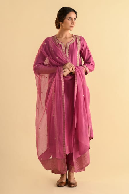 Buy_Kameez_Pink Chanderi, Cotton, Kota Doria Patti, Embroidery Split Stripe Kurta Set 