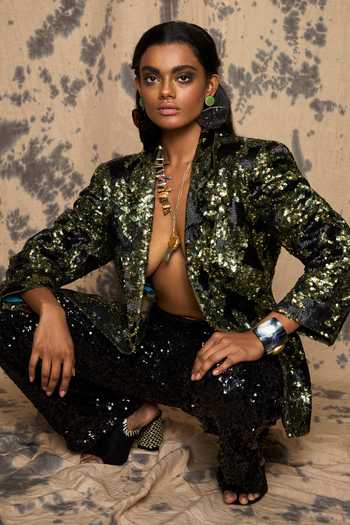 Shop_Rara Avis_Green Cotton Embroidery Dabka Notched Lapel Collar Blazer_Online_at_Aza_Fashions