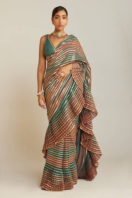 Shop Vvani By Vani Vats Multi Color Georgette Gota Patti, Pre-draped Hand Embroidered Saree With Blouse Online at Aza Fashions Shop_Vvani By Vani Vats_Multi Color Georgette Gota Patti, Pre-draped Hand Embroidered Saree With Blouse _Online_at_Aza_Fashions