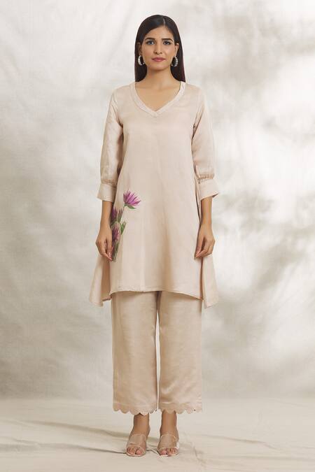 Anaya By Akruthi Beige Satin Silk Hand Painted Lotus Leaf Neck Kurta And Pant Set Online at Aza Fashions Anaya By Akruthi_Beige Satin Silk Hand Painted Lotus Leaf Neck Kurta And Pant Set_Online_at_Aza_Fashions