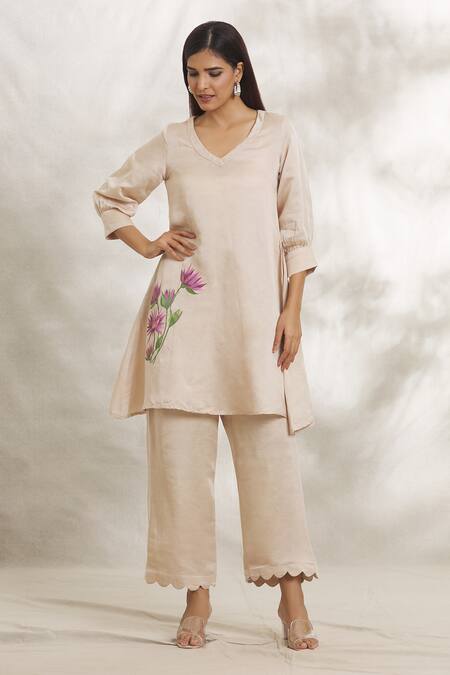 Buy Anaya By Akruthi Beige Satin Silk Hand Painted Lotus Leaf Neck Kurta And Pant Set Online at Aza Fashions Buy_Anaya By Akruthi_Beige Satin Silk Hand Painted Lotus Leaf Neck Kurta And Pant Set_Online_at_Aza_Fashions