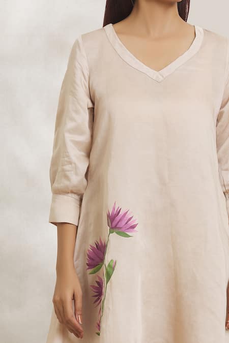 Shop Anaya By Akruthi Beige Satin Silk Hand Painted Lotus Leaf Neck Kurta And Pant Set Online at Aza Fashions Shop_Anaya By Akruthi_Beige Satin Silk Hand Painted Lotus Leaf Neck Kurta And Pant Set_Online_at_Aza_Fashions