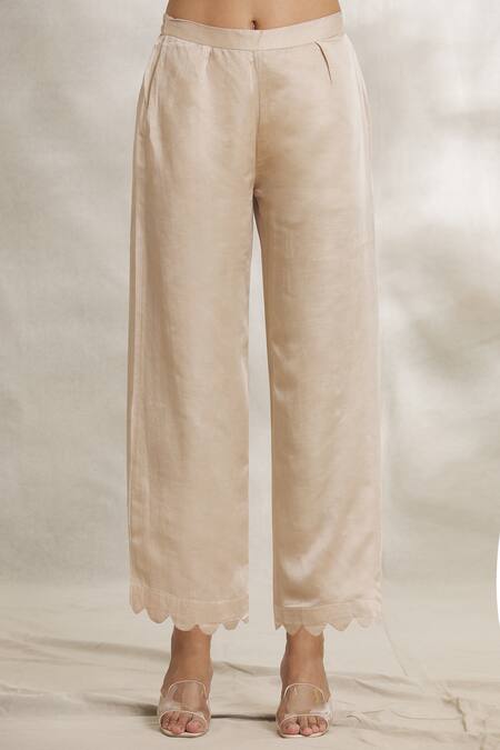 Anaya By Akruthi Beige Satin Silk Hand Painted Lotus Leaf Neck Kurta And Pant Set at Aza Fashions Anaya By Akruthi_Beige Satin Silk Hand Painted Lotus Leaf Neck Kurta And Pant Set_at_Aza_Fashions