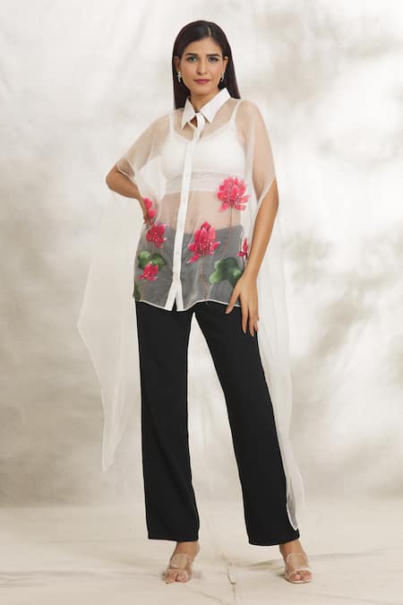 Buy_Anaya By Akruthi_White Organza Embroidery Collared Lotus Hand Painted Poncho Shirt_Online_at_Aza_Fashions