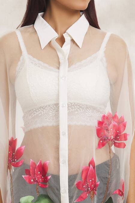 Shop_Anaya By Akruthi_White Organza Embroidery Collared Lotus Hand Painted Poncho Shirt_Online_at_Aza_Fashions