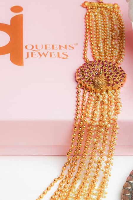 Queens Jewels_Gold Plated Pearls, Stones Layered Embellished Necklace Set_Online_at_Aza_Fashions