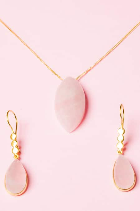 Queens Jewels Pink Stone Tear Drop Shaped Pendant Necklace Set 