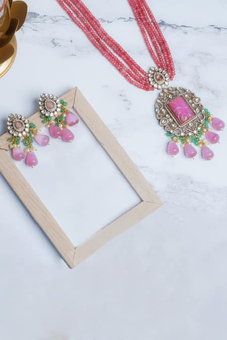 Shop Queens Jewels Pink Beads Kundan And Embellished Necklace Set at Aza Fashions Shop_Queens Jewels_Pink Beads Kundan And Embellished Necklace Set _at_Aza_Fashions