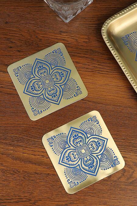 Shop Nakshikathaa - Homeware Gold Brass Gift Hamper Tray Set at Aza Fashions Shop_Nakshikathaa - Homeware_Gold Brass Gift Hamper Tray Set_at_Aza_Fashions