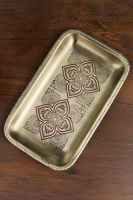 Shop Nakshikathaa - Homeware Gold Brass Gift Hamper Tray Set at Aza Fashions Shop_Nakshikathaa - Homeware_Gold Brass Gift Hamper Tray Set_at_Aza_Fashions