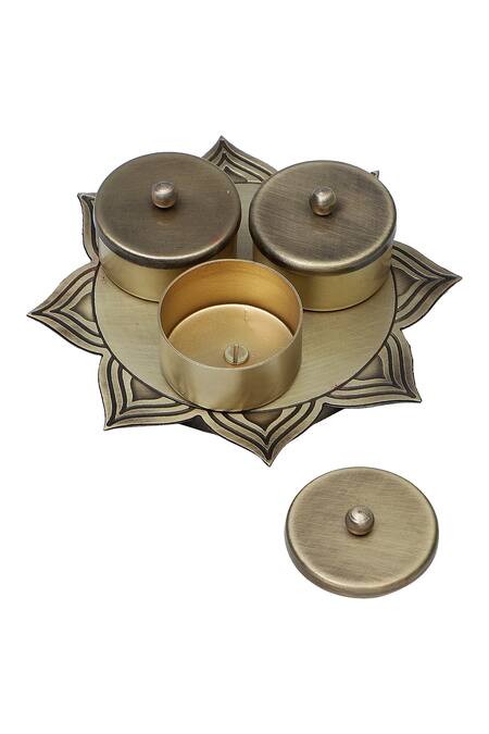 Nakshikathaa - Homeware_Gold Brass Hand Etched Divinity Gift Hamper - 4 Pcs _at_Aza_Fashions
