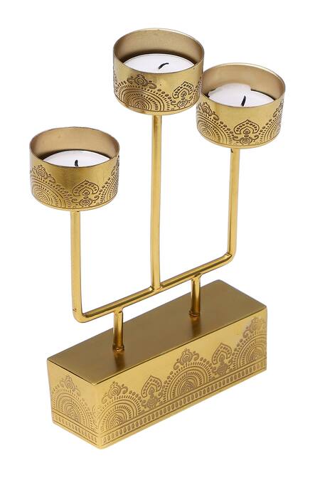 Buy_Nakshikathaa - Homeware_Gold Iron Hand Etched Tea Light Stand Gift Hamper Set - 5 Pcs_Online_at_Aza_Fashions