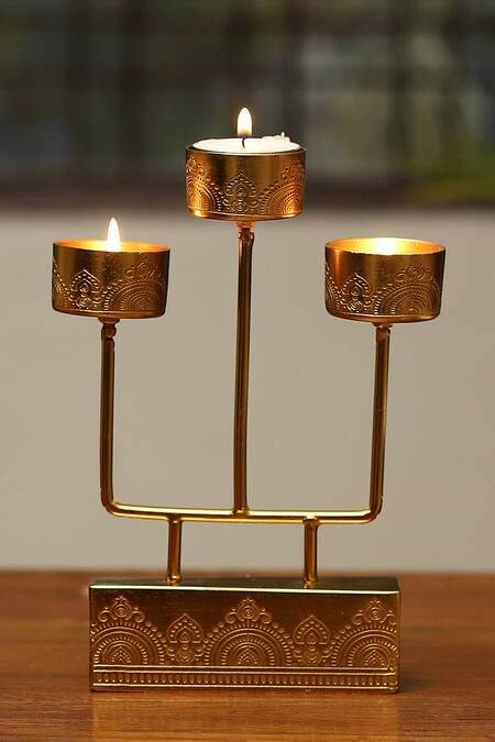 Nakshikathaa - Homeware_Gold Iron Hand Etched Tea Light Stand Gift Hamper Set - 5 Pcs_at_Aza_Fashions