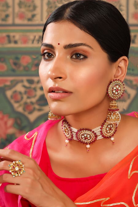 Tribe Amrapali Gold Plated Crystals, Pearls, Glitter Glass Embellished Jhumkas 