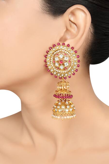 Tribe Amrapali_Gold Plated Crystals, Pearls, Glitter Glass Embellished Jhumkas _Online_at_Aza_Fashions