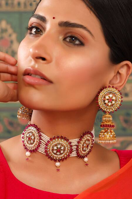Shop_Tribe Amrapali_Gold Plated Crystals, Pearls, Glitter Glass Embellished Jhumkas _Online_at_Aza_Fashions