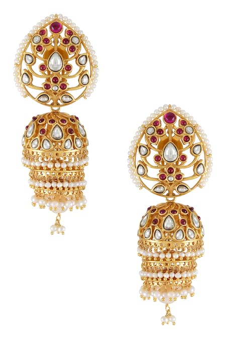 Shop_Tribe Amrapali_Gold Plated Crystals, Pearls, Glitter Amira Glass Embellished Jhumki Earrings _at_Aza_Fashions