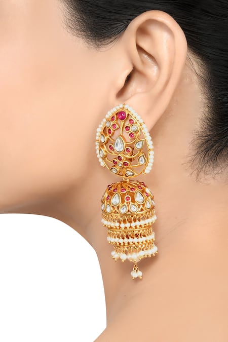 Tribe Amrapali_Gold Plated Crystals, Pearls, Glitter Amira Glass Embellished Jhumki Earrings _Online_at_Aza_Fashions