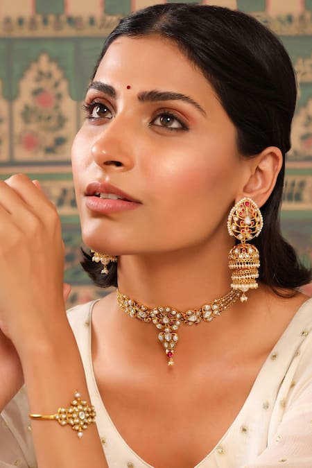 Buy_Tribe Amrapali_Gold Plated Crystals, Pearls, Glitter Amira Glass Embellished Jhumki Earrings _Online_at_Aza_Fashions