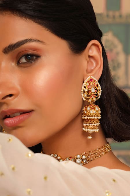 Tribe Amrapali_Gold Plated Crystals, Pearls, Glitter Amira Glass Embellished Jhumki Earrings _at_Aza_Fashions