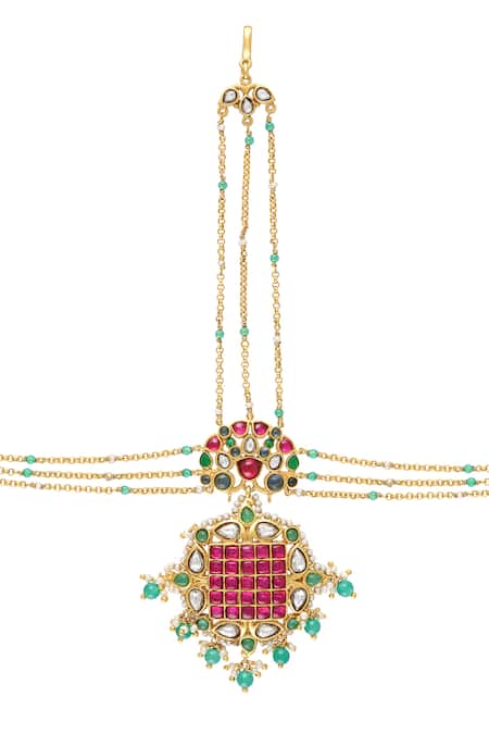 Shop_Tribe Amrapali_Gold Plated Meher Floral Stone Studded Mathapatti _at_Aza_Fashions