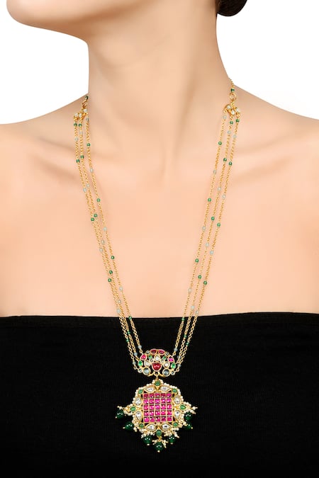 Tribe Amrapali_Gold Plated Meher Floral Stone Studded Drop Necklace _Online_at_Aza_Fashions