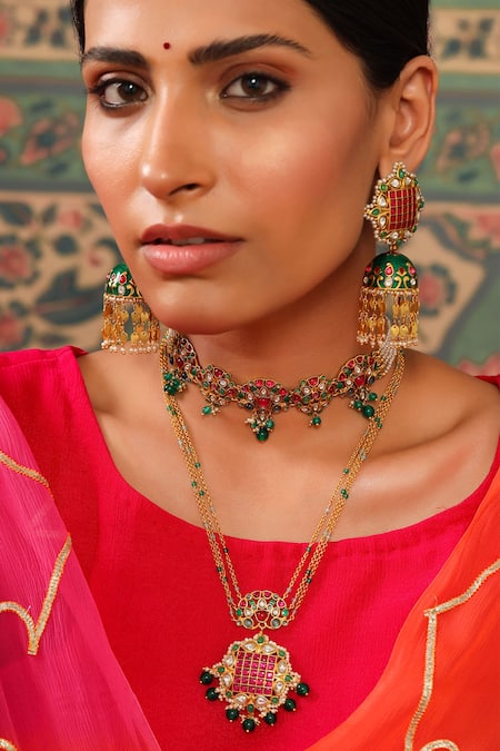 Shop_Tribe Amrapali_Gold Plated Meher Floral Stone Studded Drop Necklace _Online_at_Aza_Fashions