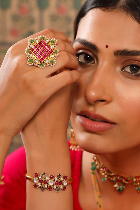 Shop_Tribe Amrapali_Multi Color Crystals, Pearls Gauhar Embellished Handcuff _Online_at_Aza_Fashions