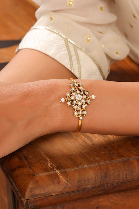 Tribe Amrapali_Gold Plated Crystals, Pearls Amira Embellished Handcuff_Online_at_Aza_Fashions