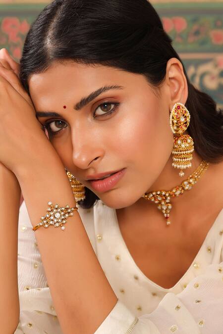 Tribe Amrapali_Gold Plated Crystals, Pearls Amira Embellished Handcuff_at_Aza_Fashions